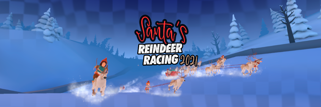 Elves and Santa Claus racing with reindeer.
